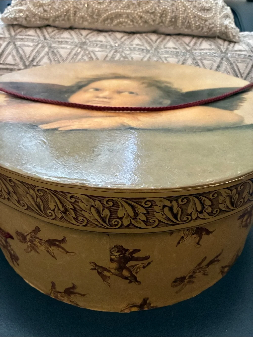 Decorative Cherub Storage Hat Boxes Set in Gold and Burgundy